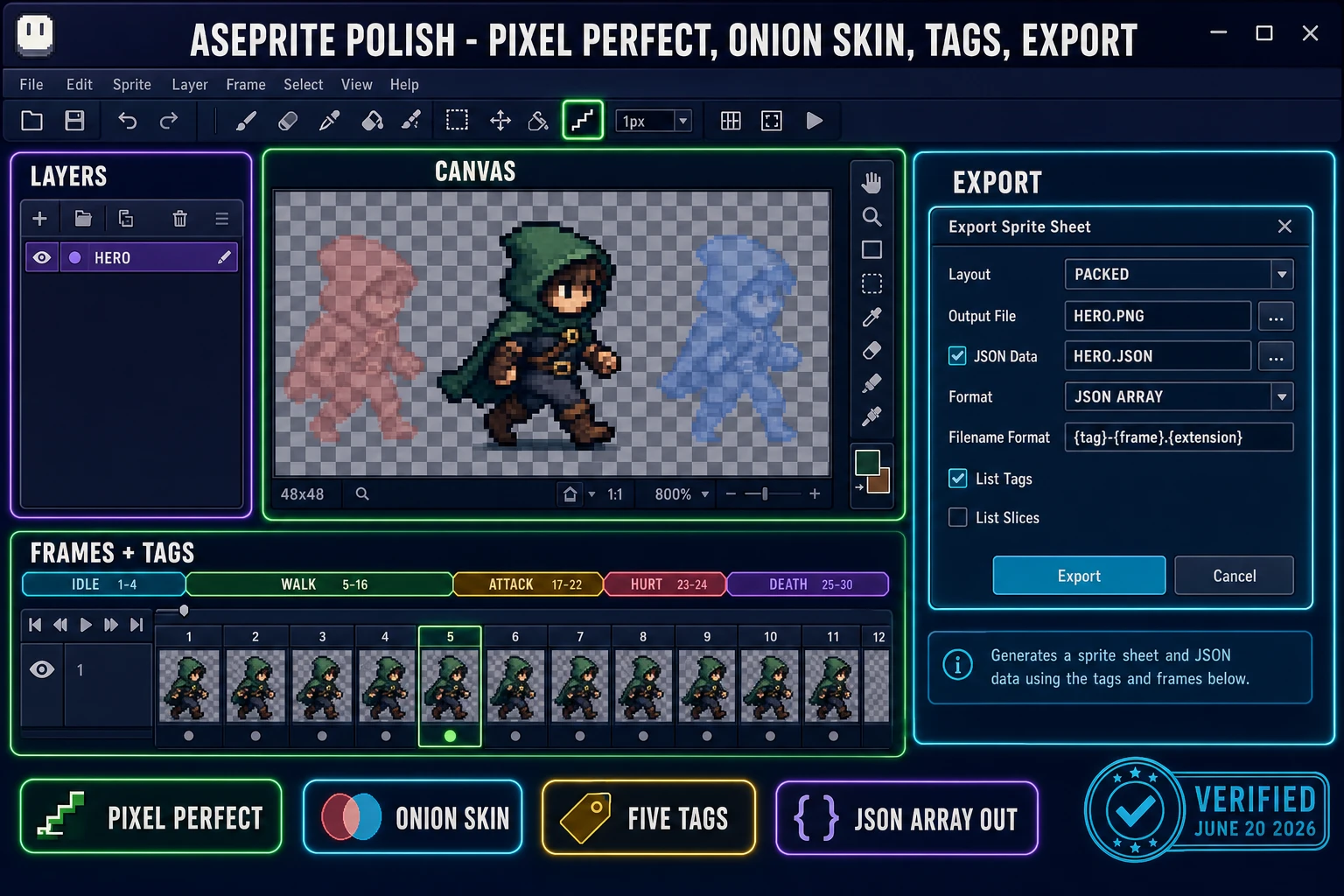 Aseprite editor screenshot mockup showing the Frames timeline at the bottom, the layers panel on the left, the canvas with a hooded hero sprite in pixel-perfect mode, the Tag editor with idle / walk / attack tags color-coded, and the Export Sprite Sheet dialog open on the right with PNG plus JSON Array format selected - verified June 20, 2026