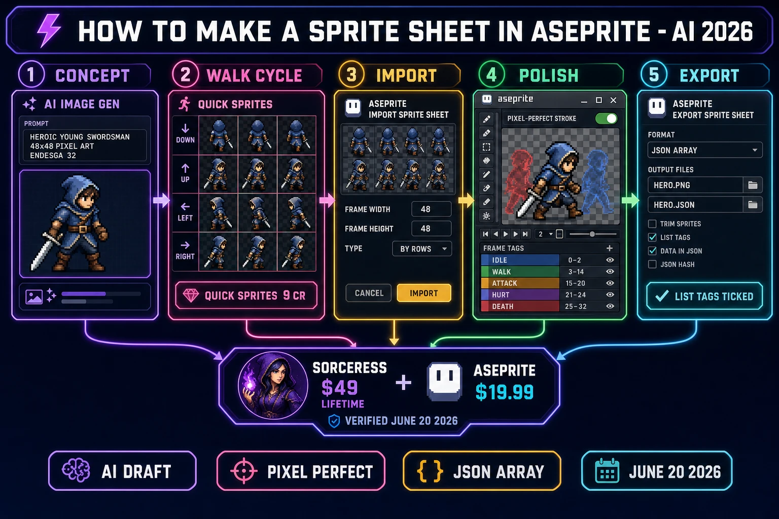 How to make a sprite sheet in Aseprite in 2026 - AI pipeline showing prompt to AI Image Gen, Quick Sprites walk-cycle frames, Aseprite polish in pixel-perfect mode with onion-skin, and sprite-sheet export to PNG plus JSON verified June 20, 2026