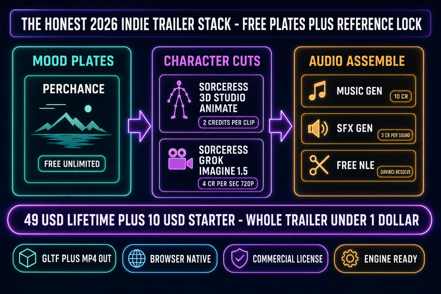 Free AI animation generator stack pipeline for indie game trailer - Perchance free background plates plus Sorceress 3D Studio Animate rigged GLB plus Grok Imagine Video 1.5 prompt to video 2026