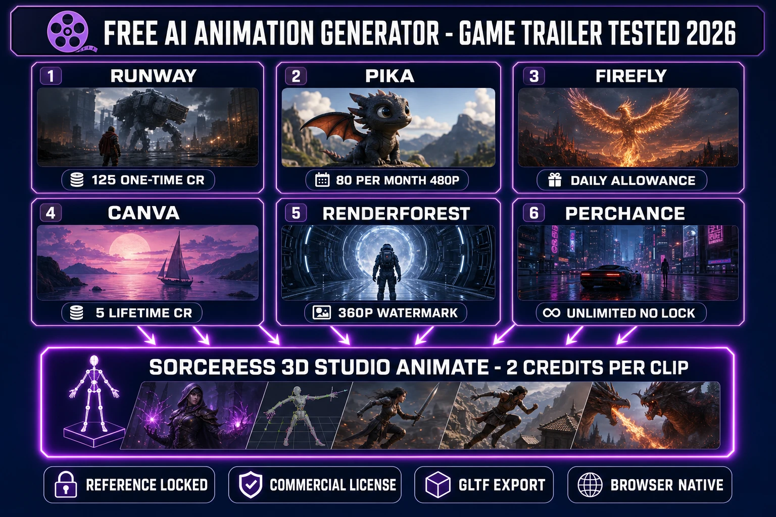 Free AI animation generator comparison diagram for indie game trailers 2026 - Runway Pika Firefly Canva Renderforest Perchance Sorceress 3D Studio Animate tab