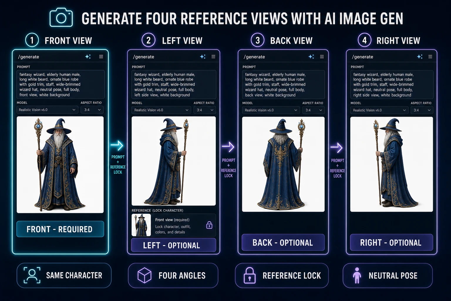 Four reference views generated in AI Image Gen for multi image to 3D model fusion - front view as the required input, plus optional left profile back view and right profile of the same fantasy wizard character with consistent identity across all four angles