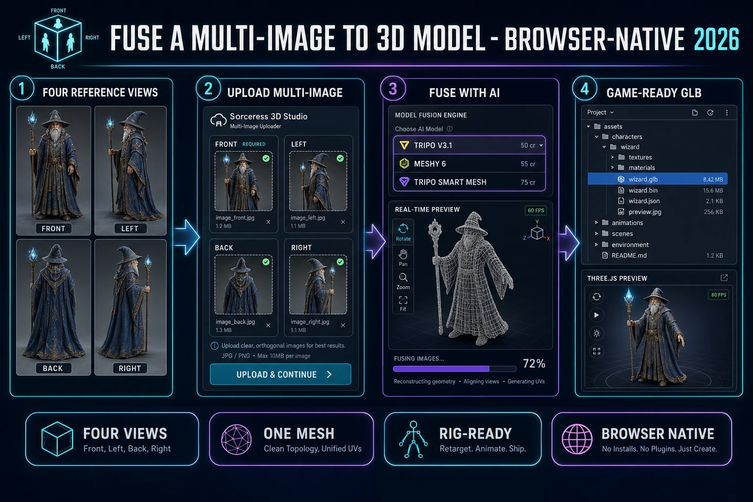 Multi image to 3D model pipeline diagram showing four reference views (front, left, back, right) being uploaded into Sorceress 3D Studio multi-image mode, three model picker entries Tripo v3.1 at 50 credits Meshy 6 at 55 credits and Tripo Smart Mesh at 75 credits, and a textured rotating GLB mesh exported as the final game-ready output
