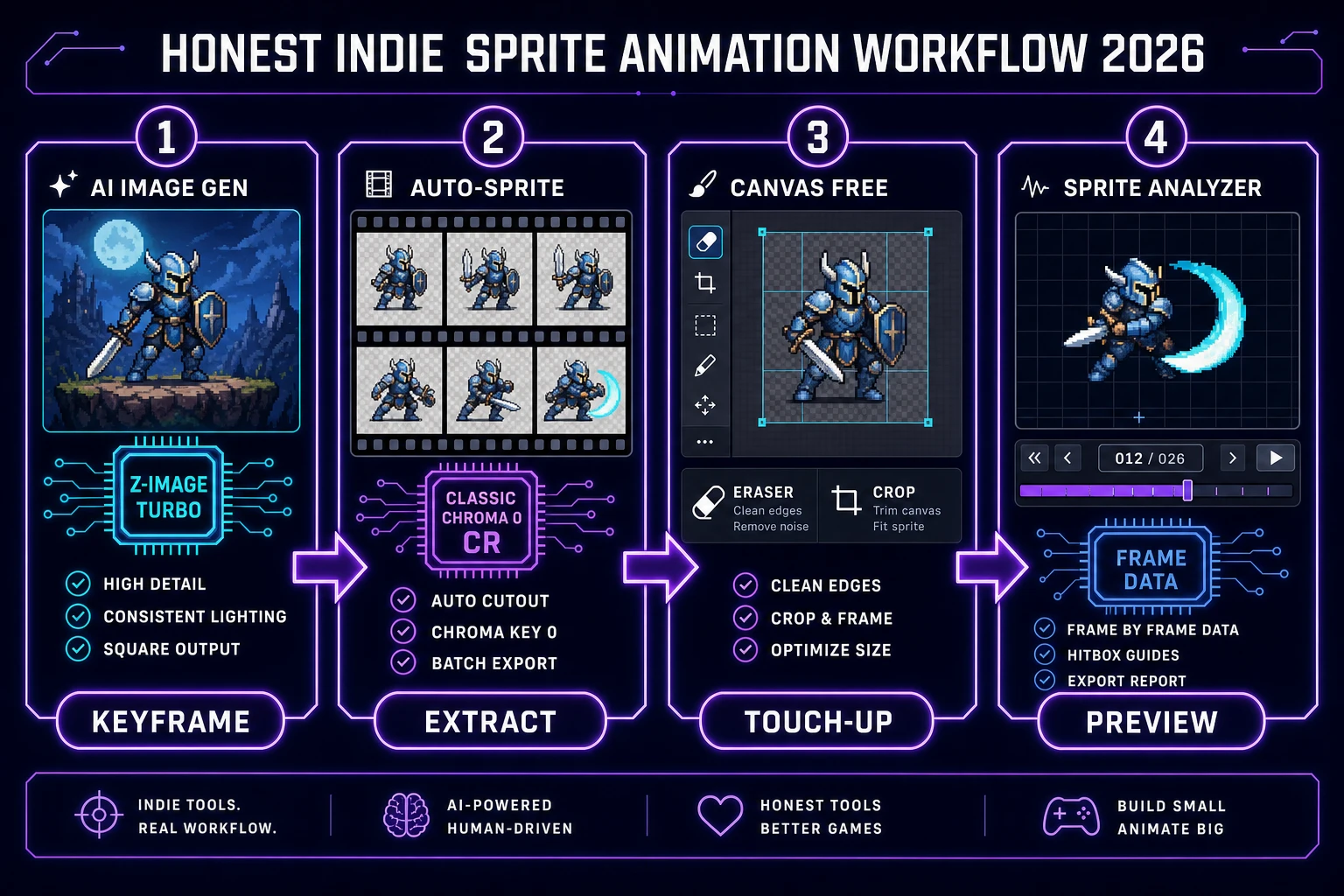 Honest indie free AI animation generator workflow keyframe extract Canvas touch-up Sprite Analyzer preview 2026