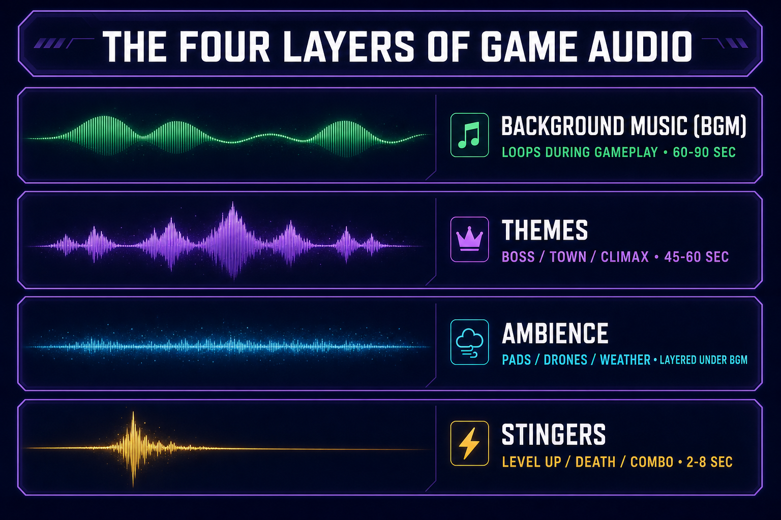 Diagram of the four layers of game audio: background music, themes, ambience, and stingers