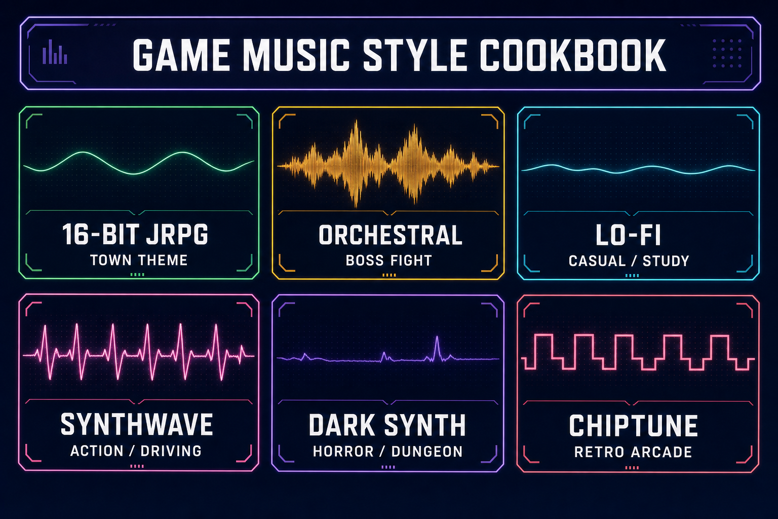 Style cookbook chart showing six game music genres with prompt examples and waveform thumbnails