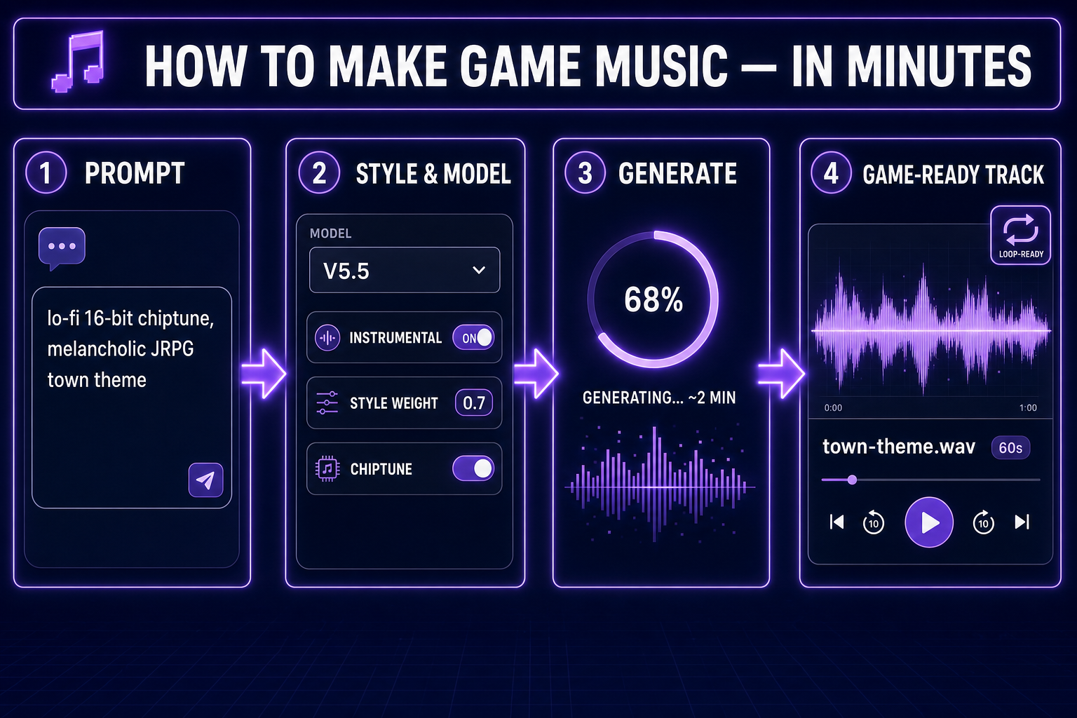 Diagram of the AI game music workflow: prompt, genre, generate, game-ready track