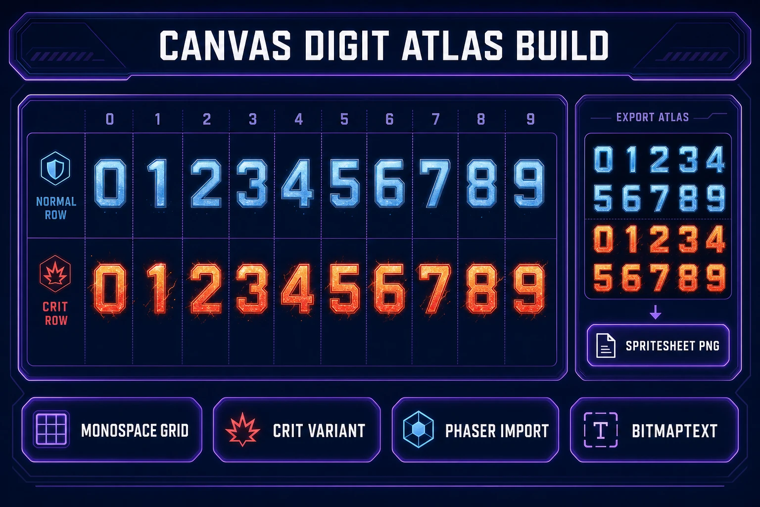 Canvas grid compositing damage number digit atlas with normal and crit rows for Phaser BitmapText import, verified July 10, 2026