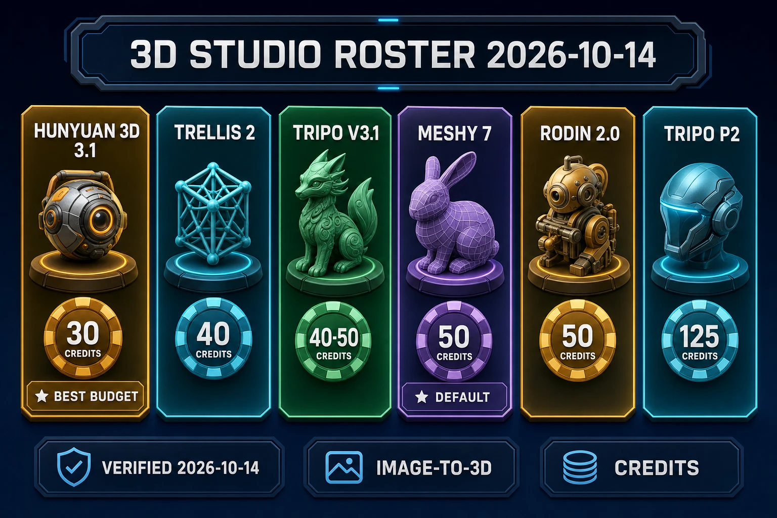 3D Studio roster credit chart for convert 2D image to 3D model verified 2026-10-14
