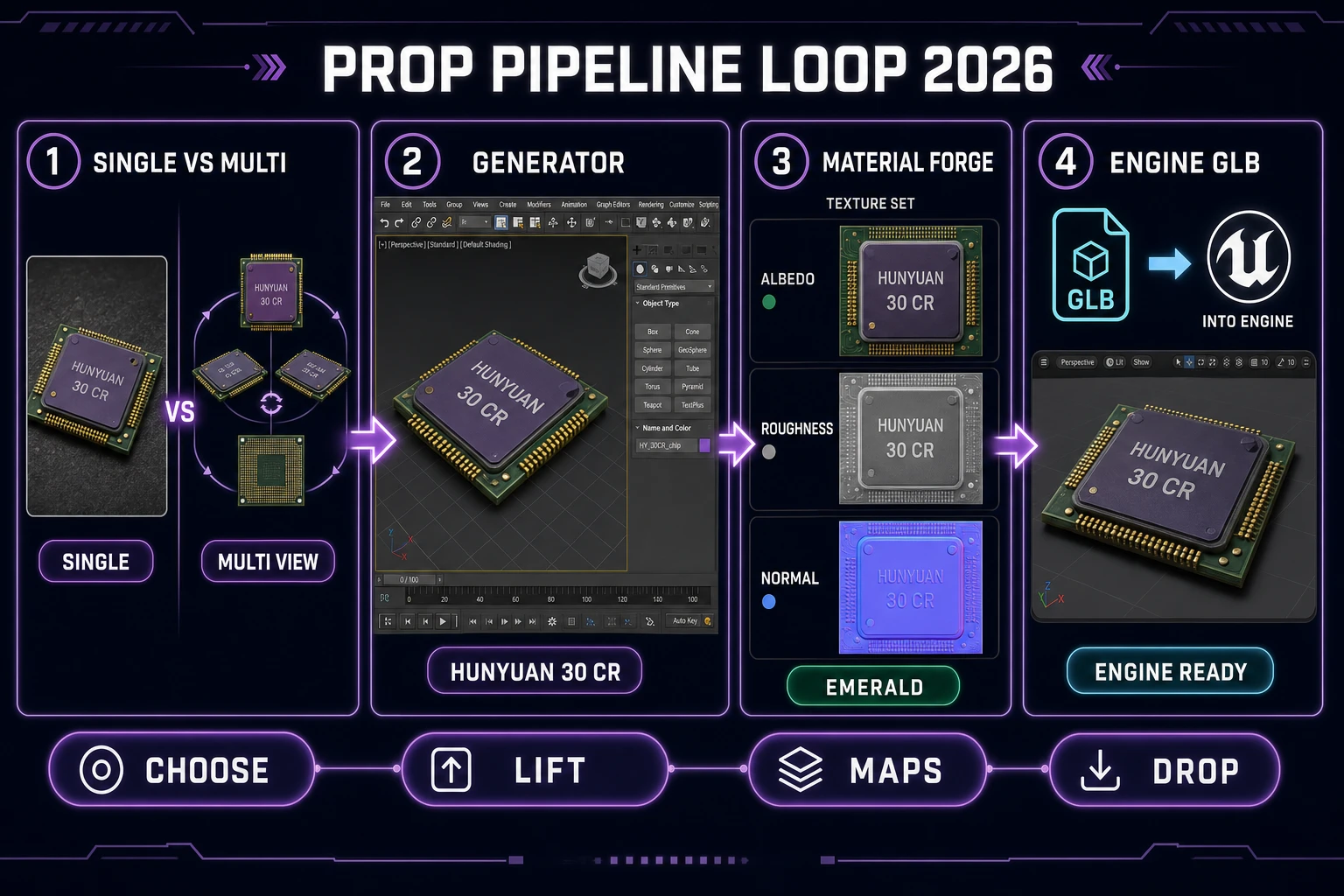 Prop pipeline loop: single vs multi-view, 3D Studio lift, Material Forge maps, engine GLB