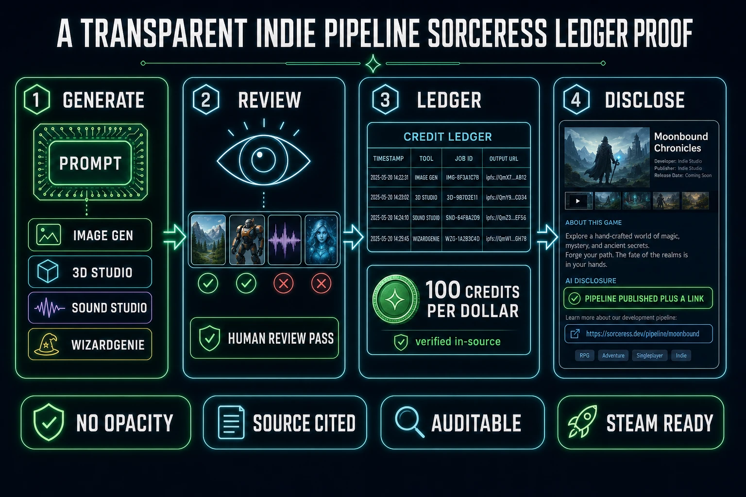 A transparent indie AI pipeline with Sorceress ledger proof
