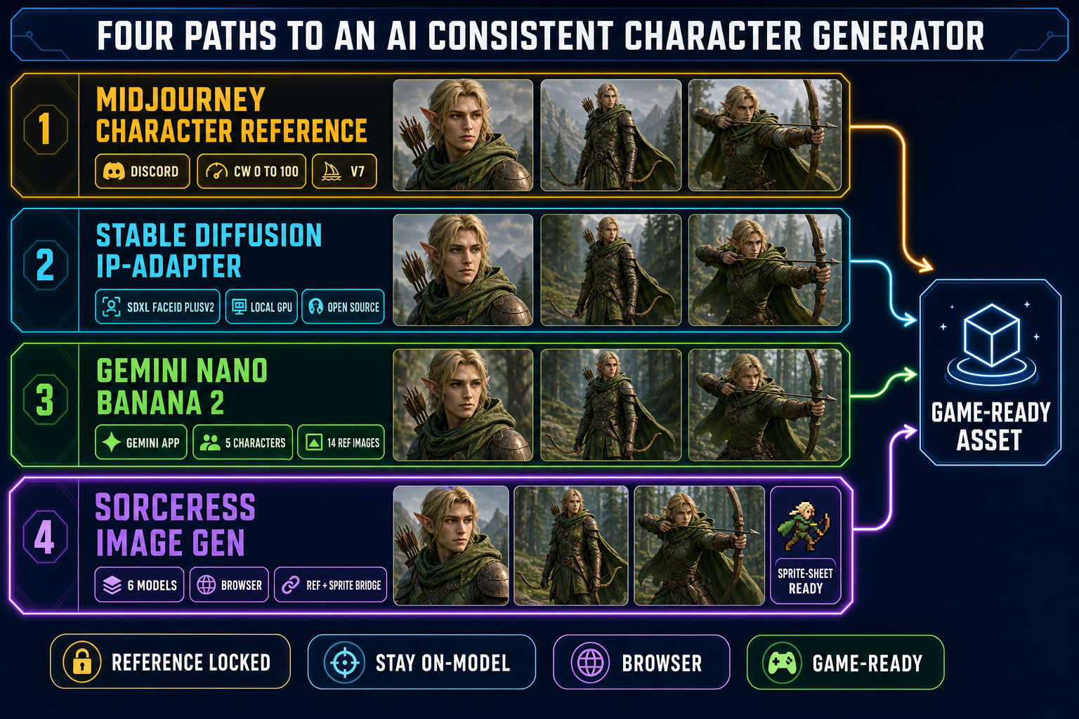 Comparison diagram of the four production paths to an AI consistent character generator in 2026 - Midjourney character reference, Stable Diffusion IP-Adapter FaceID, Google Gemini Nano Banana 2, and Sorceress AI Image Gen - each lane shows the same elf ranger across three poses with the runtime, character cap, and bridge to game assets summarized at the left