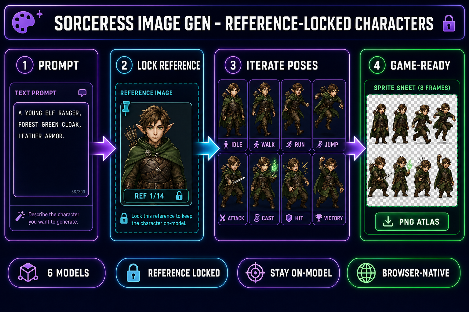 Reference-locked AI consistent character generator pipeline showing four steps inside Sorceress AI Image Gen - type a prompt, pin a reference image, iterate eight pose variants from the same source, export a game-ready sprite sheet - on a dark navy background with purple and cyan accents