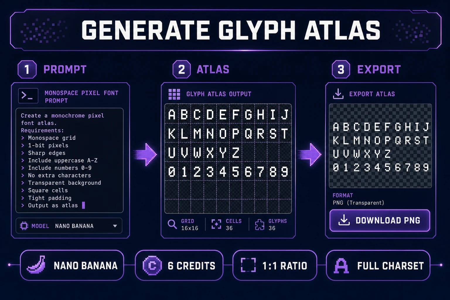AI Image Gen pixel font generator workflow — monospace atlas prompt, A through Z glyph grid output, transparent PNG export