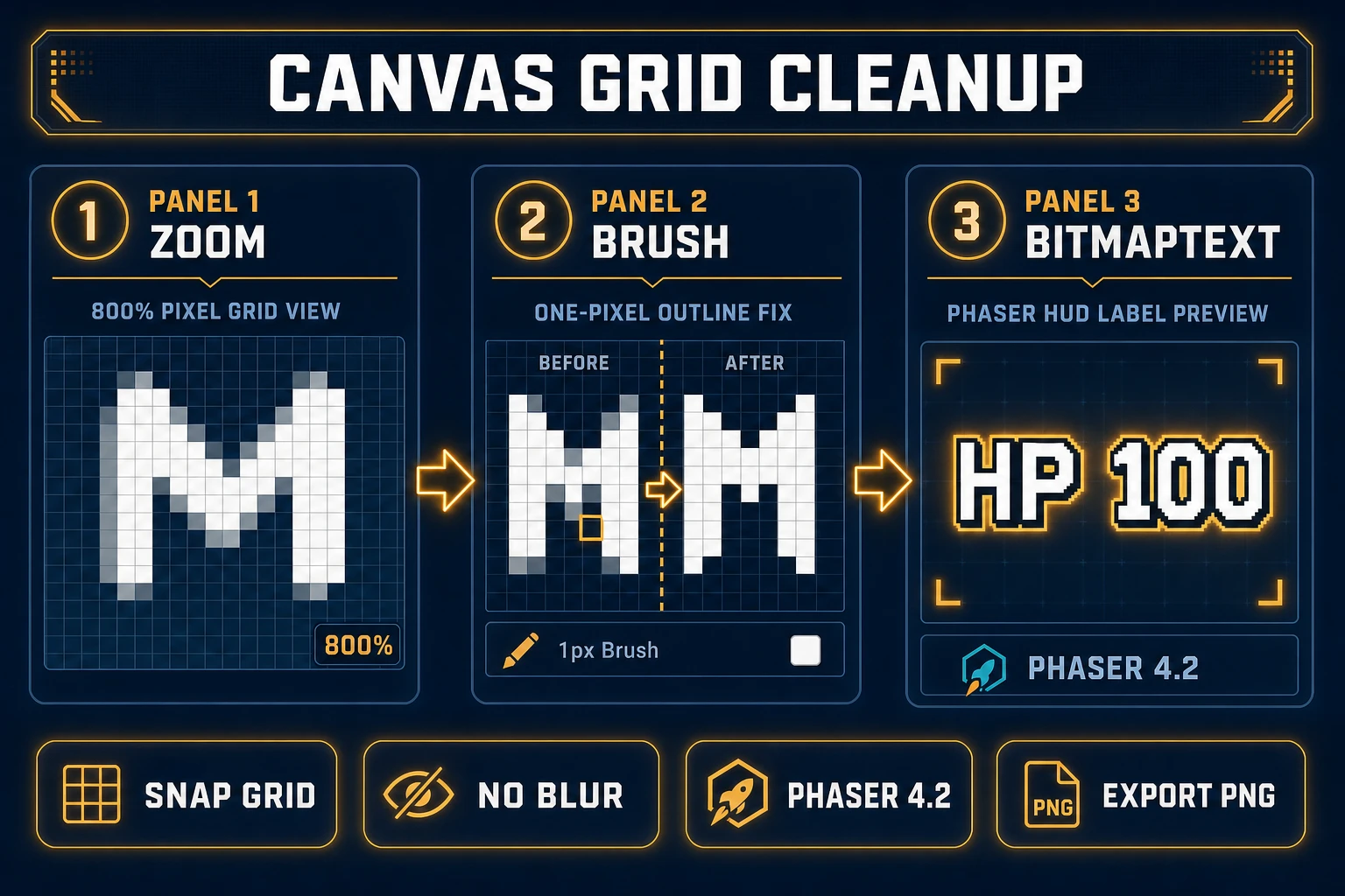 Canvas pixel font generator cleanup — 800 percent zoom grid snap, one-pixel brush fix on letter M, Phaser BitmapText HP 100 HUD preview