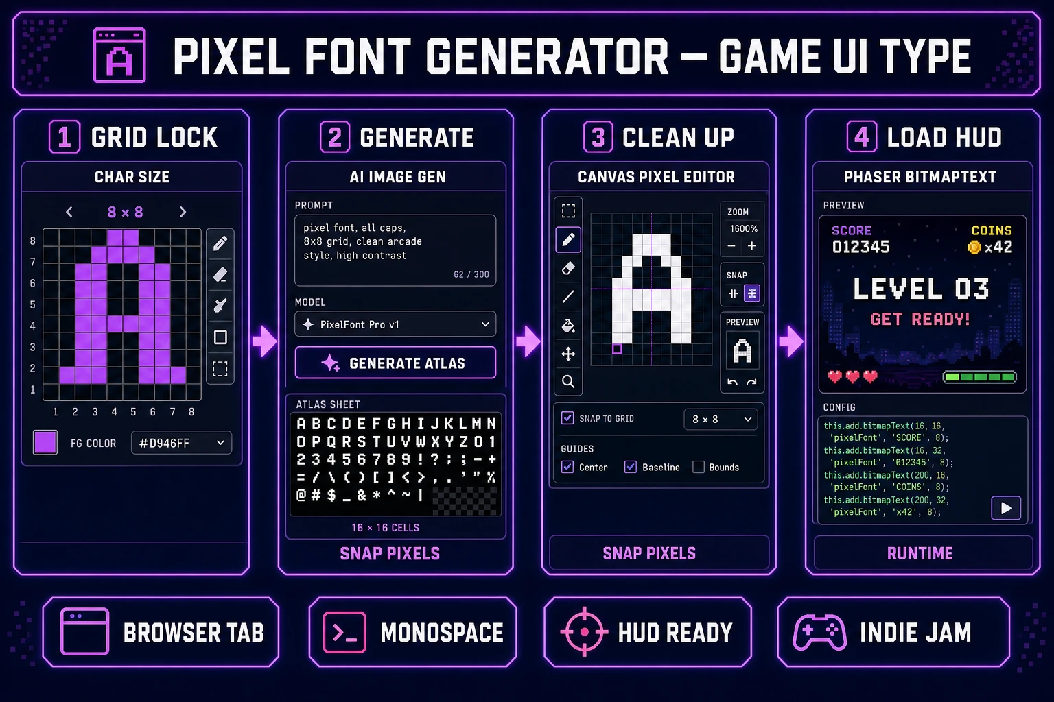 Pixel font generator pipeline diagram — four numbered panels for glyph grid lock, AI Image Gen atlas generation, Canvas pixel cleanup, and Phaser BitmapText HUD load