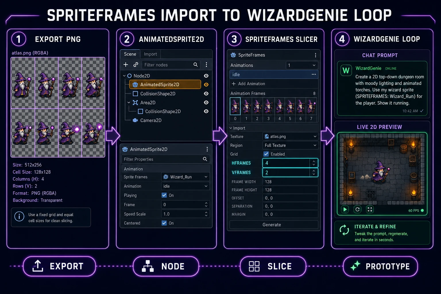 SpriteFrames import to WizardGenie iterate loop for how to make a 2D game in Godot