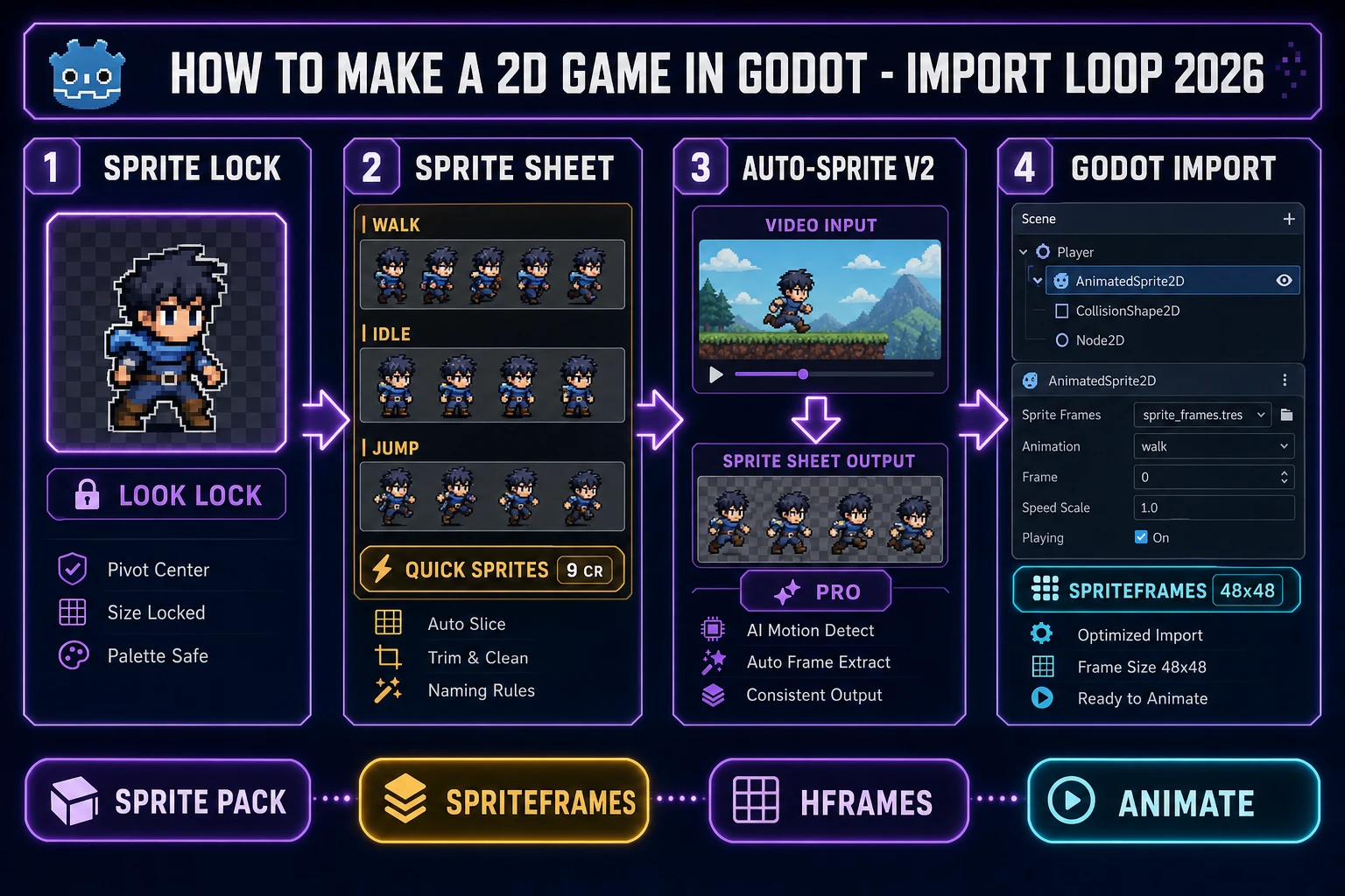 How to make a 2D game in Godot pipeline: sprite lock, sprite sheet, Auto-Sprite v2, AnimatedSprite2D import