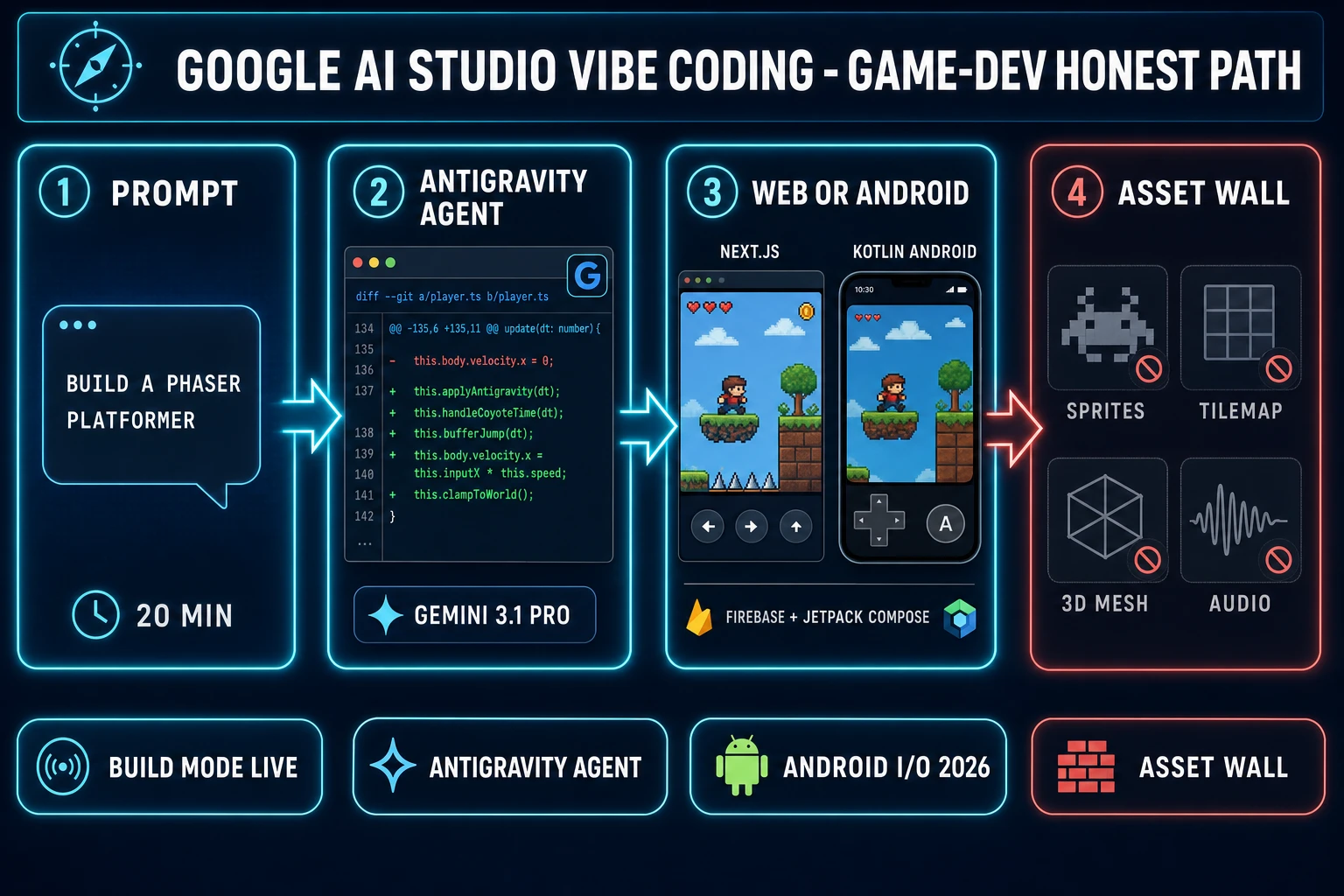 Google AI Studio vibe coding game-dev honest path — 4-step pipeline from prompt to web app, then bouncing off the game-asset wall