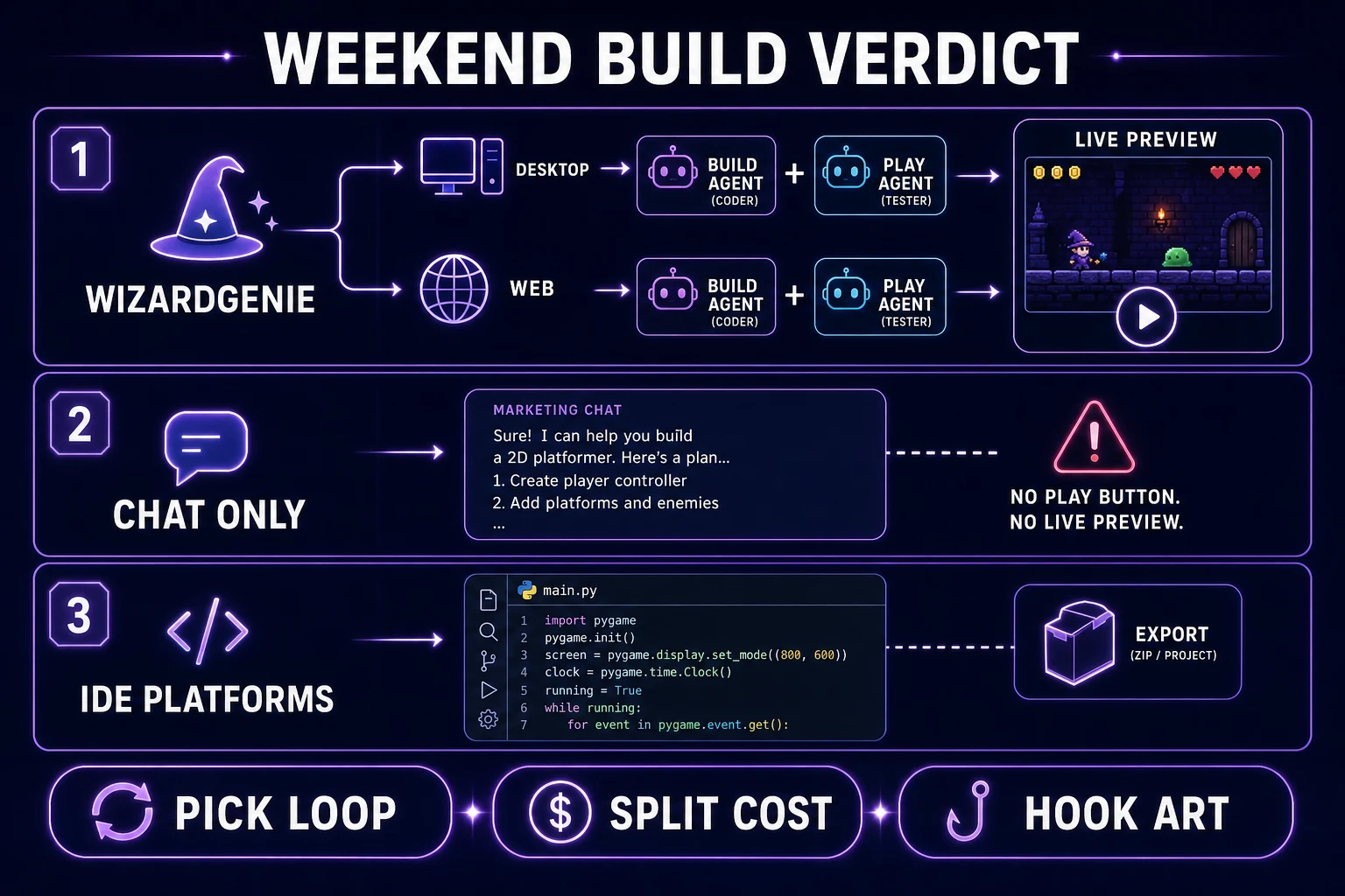 Weekend build verdict comparing WizardGenie dual-agent path to chat-only and IDE-embedded platforms