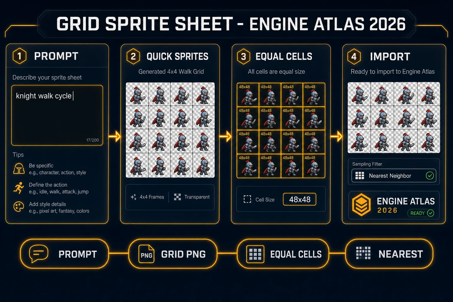 How to make a sprite sheet engine atlas pipeline: prompt, Quick Sprites grid, equal cells, nearest import
