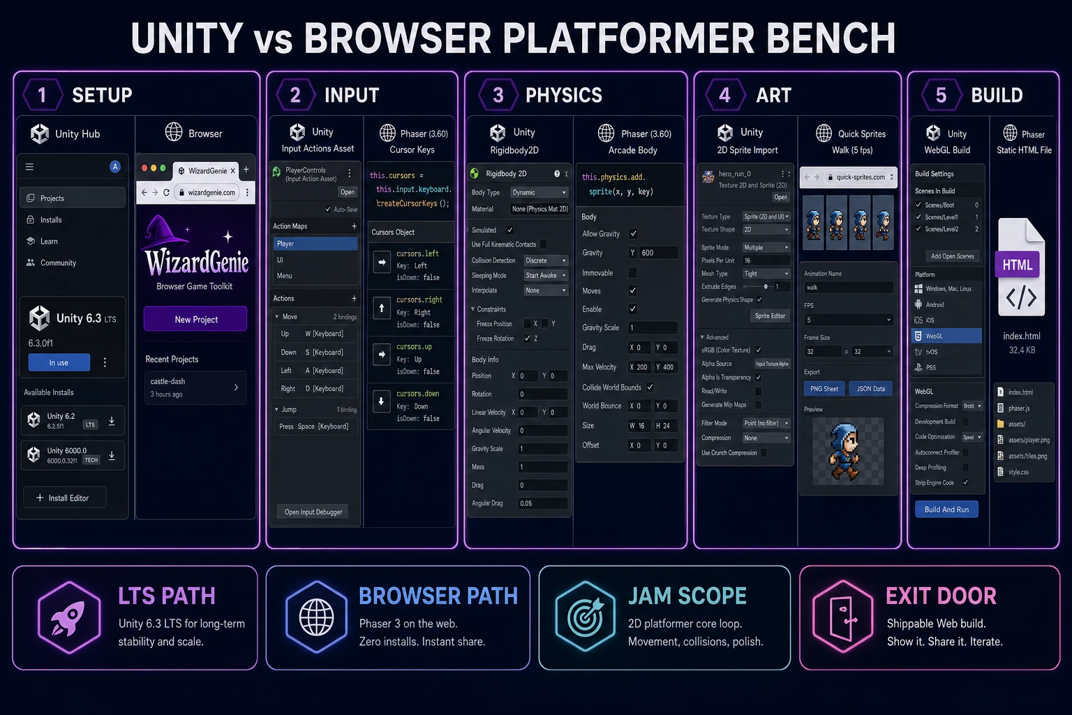 Unity versus browser 2D platformer bench comparing setup, input, physics, art, and build