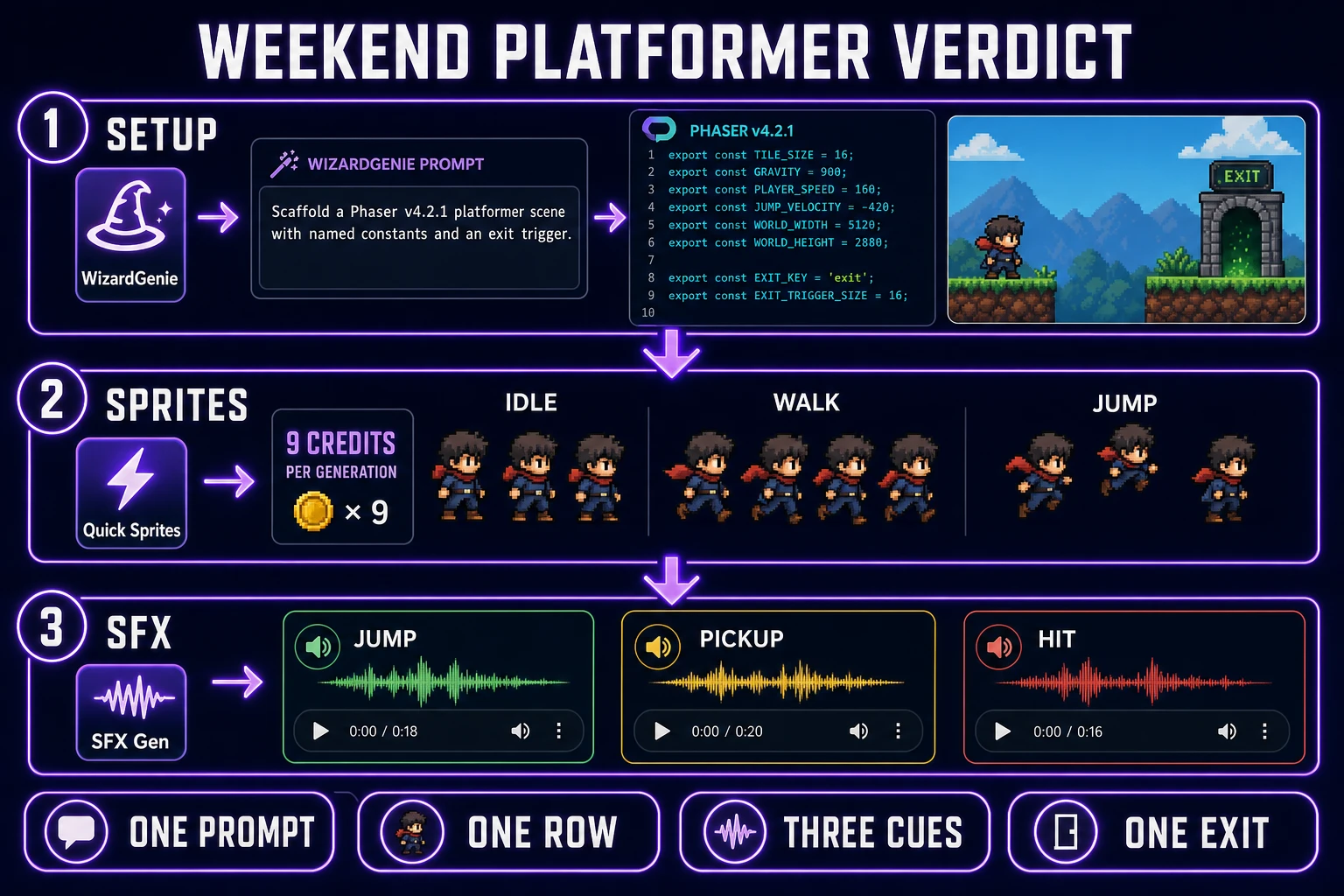 Weekend 2D platformer verdict with WizardGenie prompt, Quick Sprites hero row, and SFX Gen cues