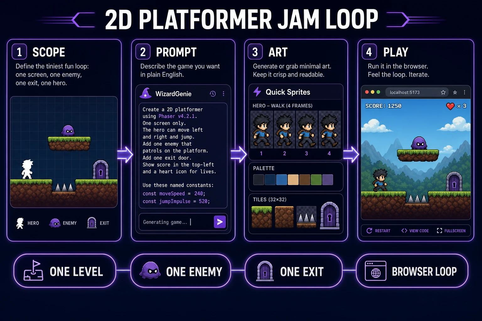How to make a 2D platformer game in Unity jam loop diagram with scope, prompt, art, and play panels