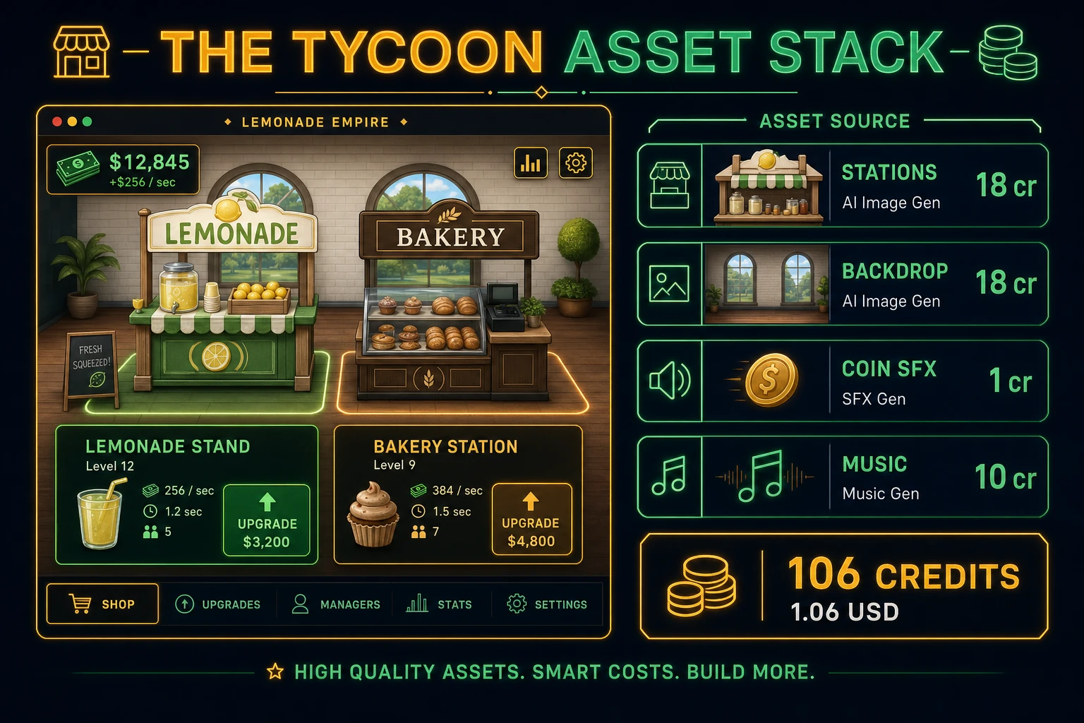 Tycoon game asset stack diagram showing AI Image Gen station icons and shop backdrop, SFX Gen coin audio, and Music Gen shop bed with 106 credit total
