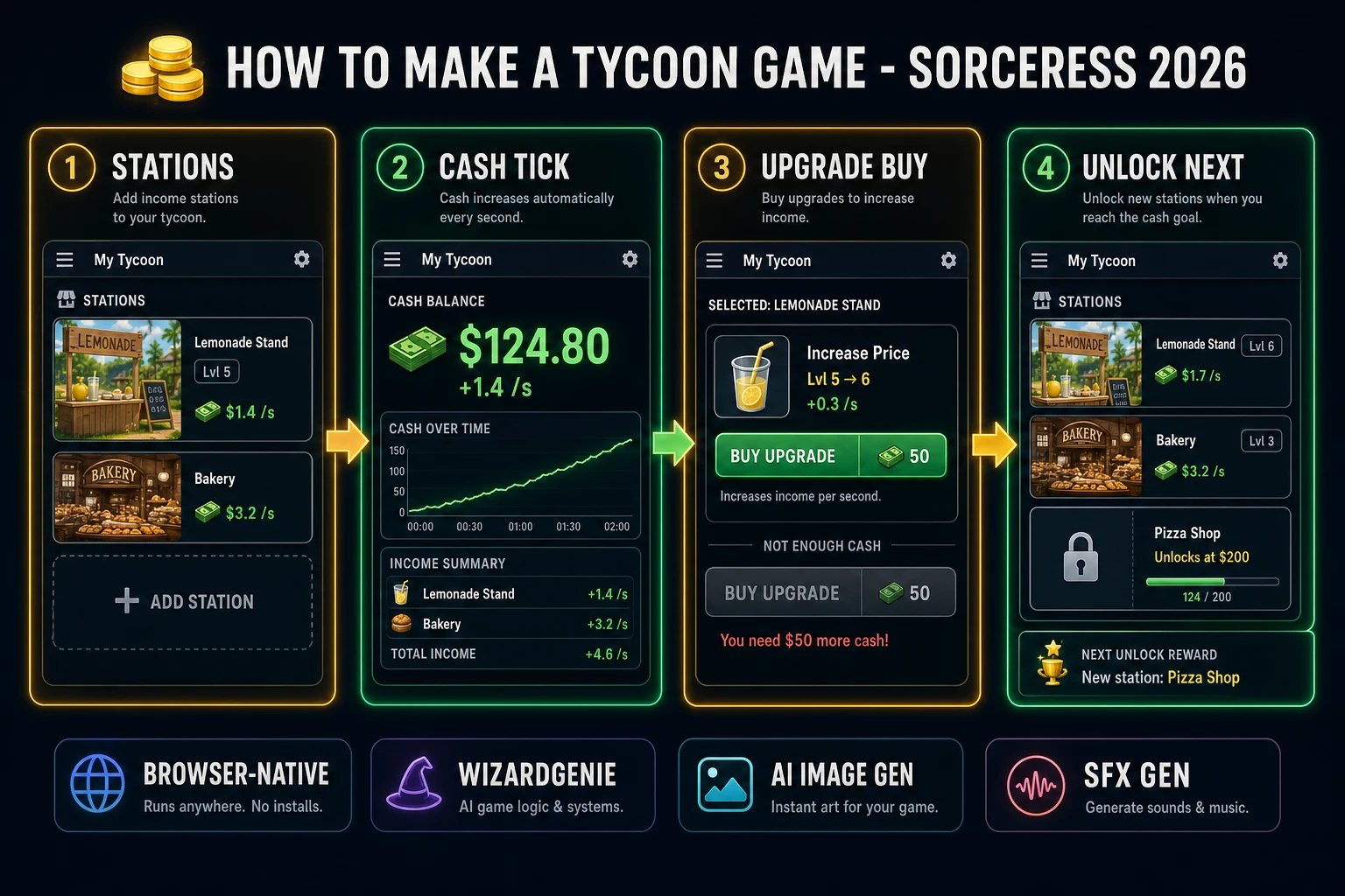 How to make a tycoon game browser pipeline: wire stations, cash ticks, and upgrade buys in WizardGenie, then ship a browser profit loop