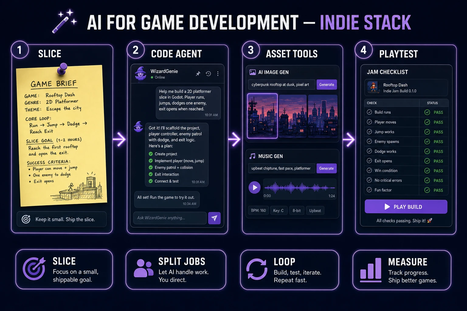 ai for game development indie stack from vertical slice through WizardGenie to asset tools and playtest
