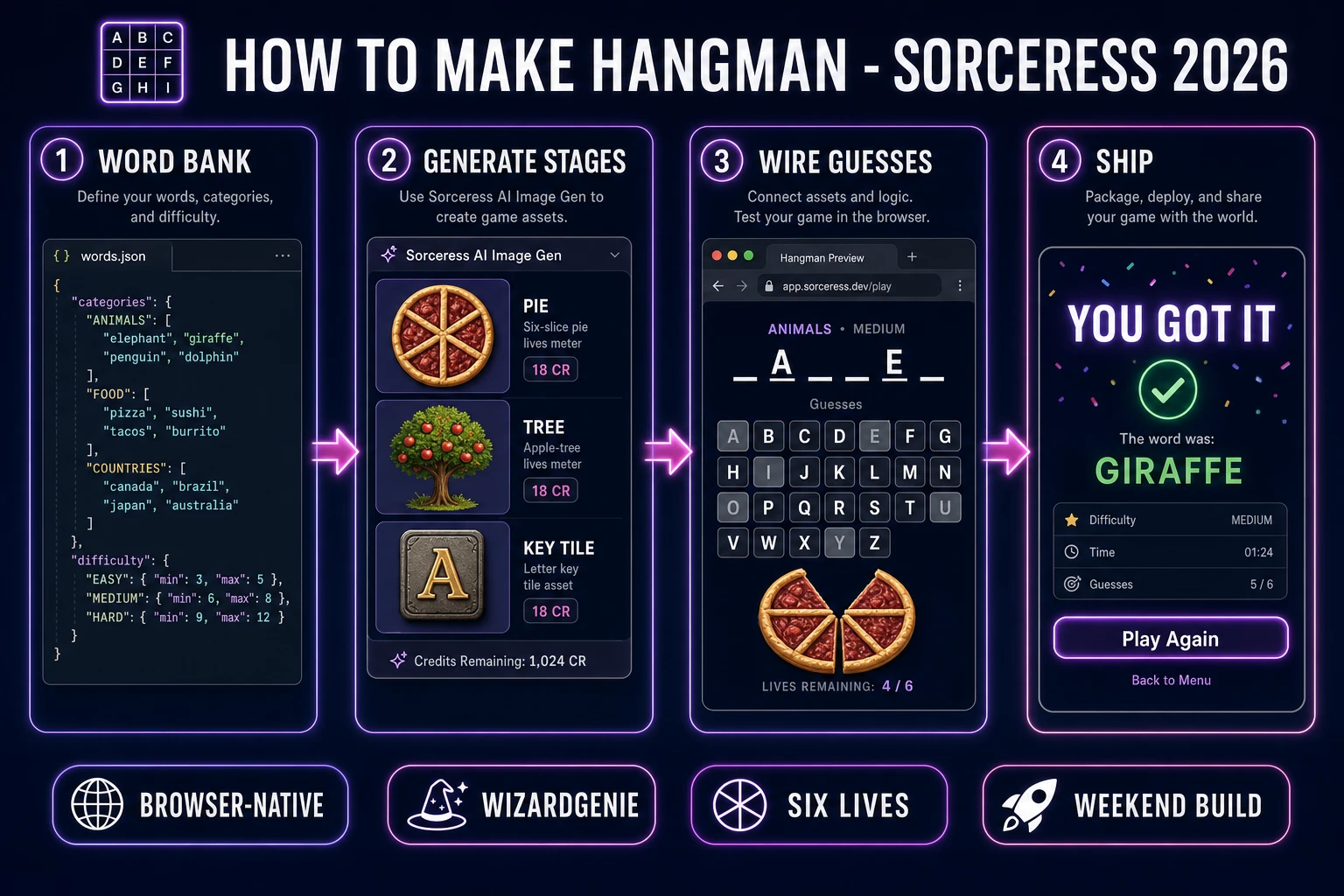 How to make hangman browser pipeline: build the word bank, generate gallows stages, wire letter guesses and lives in WizardGenie, and ship a browser build