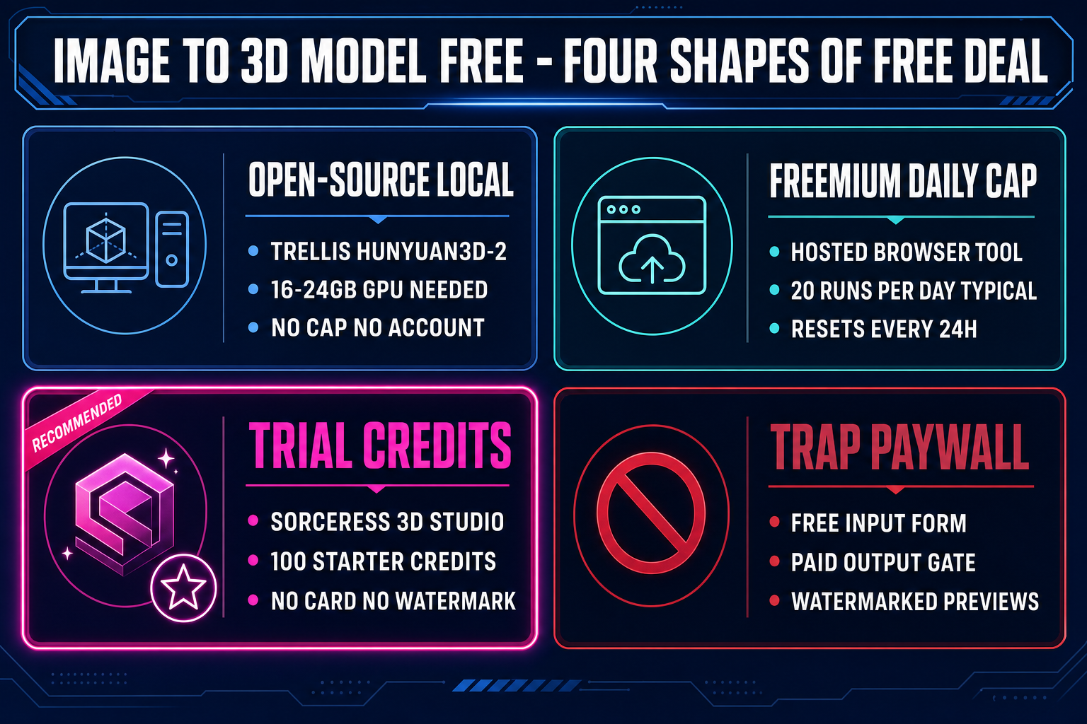 Four shapes of image to 3D model free deal compared - open-source local, freemium daily cap, trial credits, trap paywall