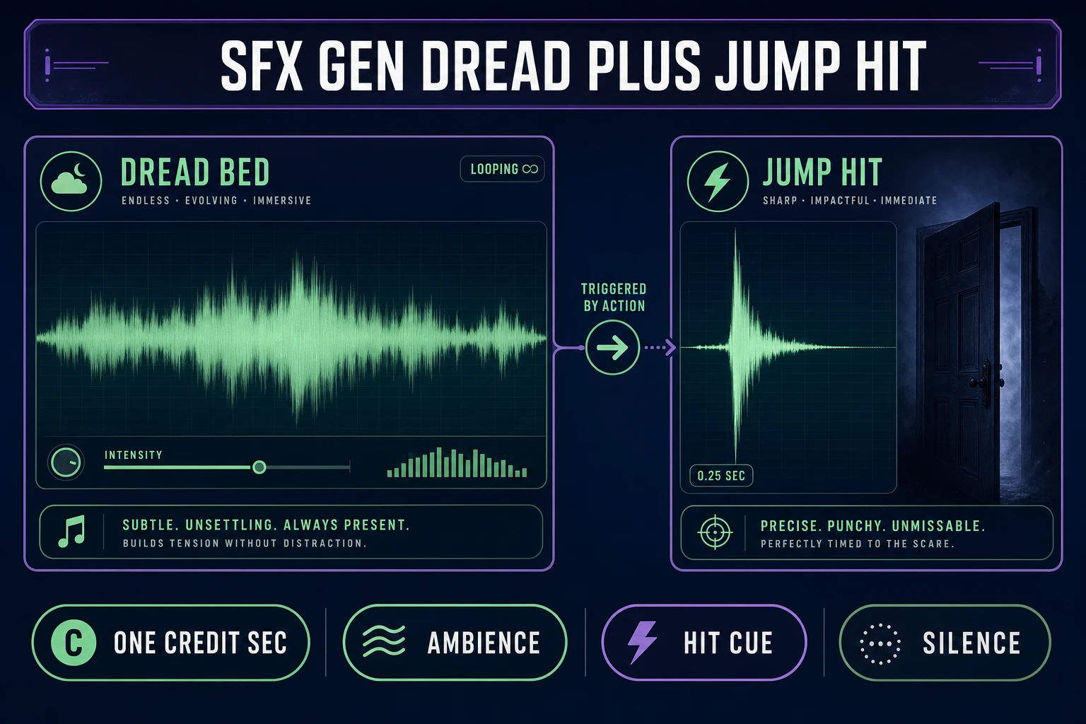 SFX Gen dread bed and jump hit audio pipeline for horror games with ambience waveform and spike hit keyed to a door trigger, verified July 14, 2026