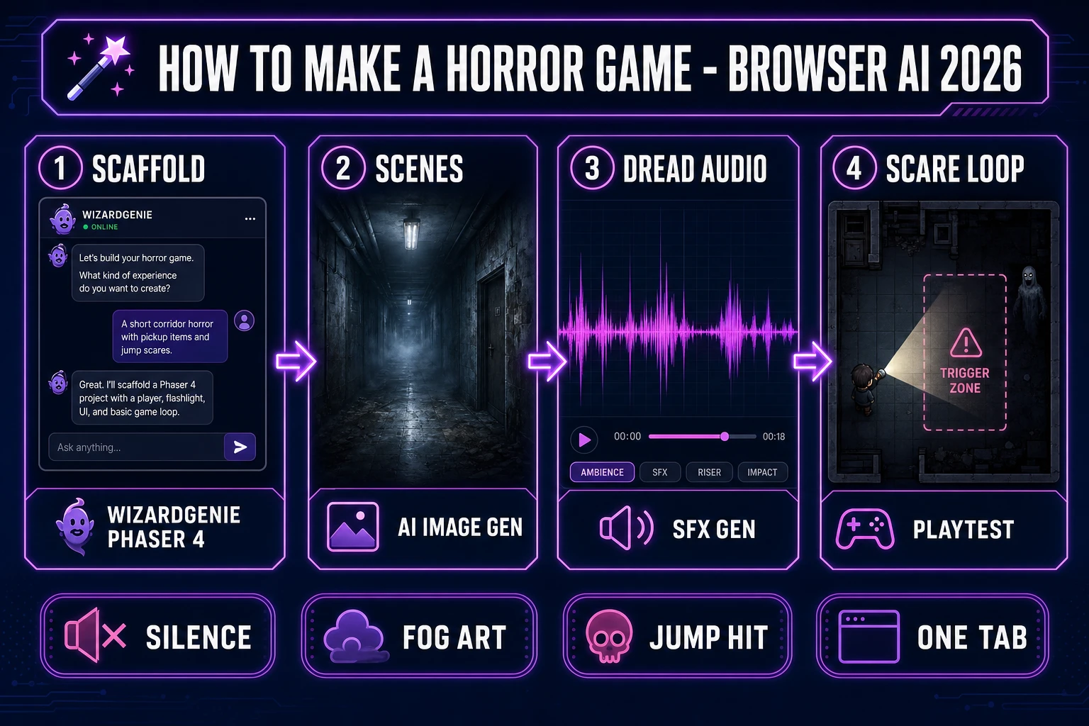 How to make a horror game in 2026 — four-step browser AI pipeline from WizardGenie scare scaffold through AI Image Gen foggy scenes and SFX Gen dread audio to a playable Phaser loop, verified July 14, 2026