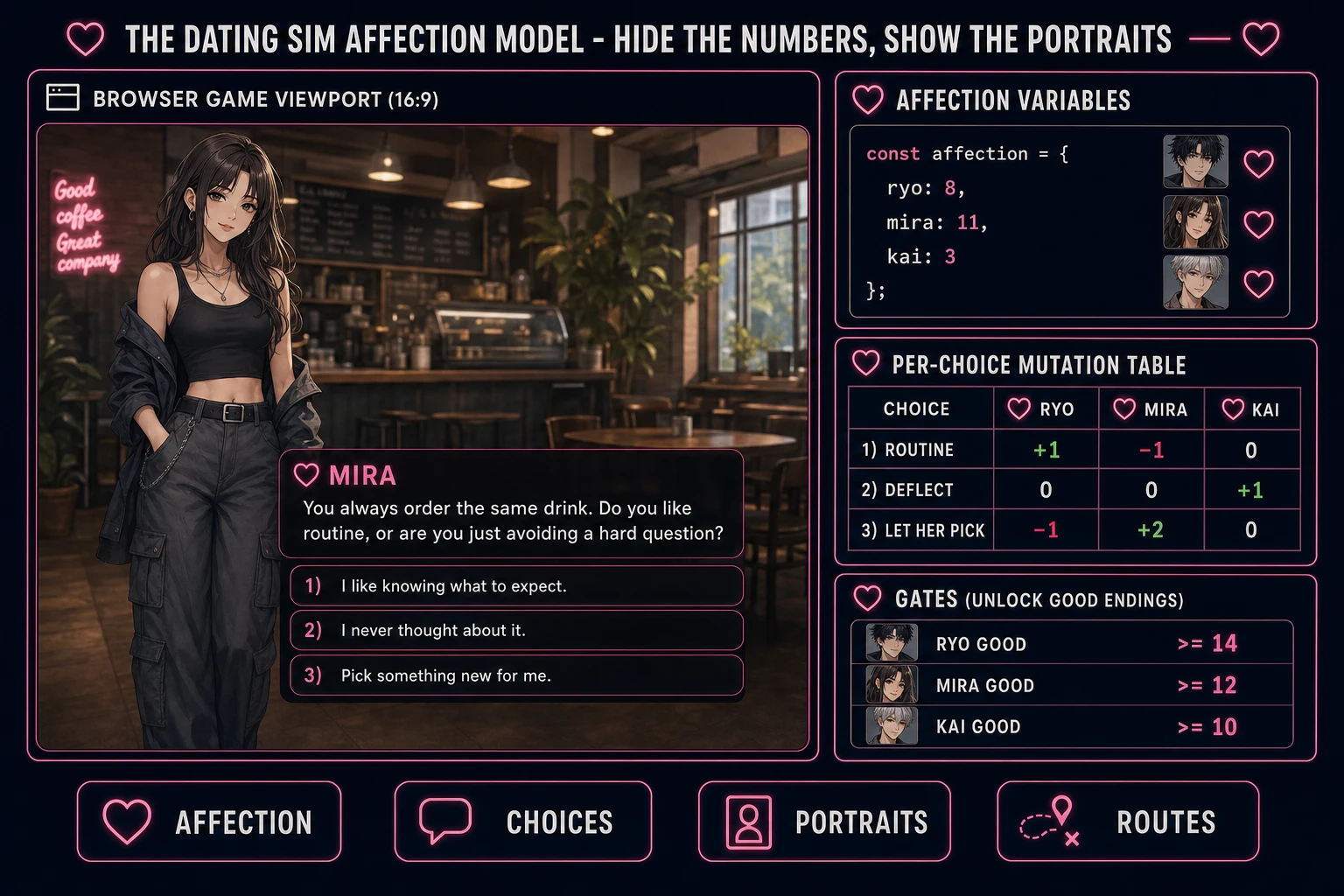 Dating sim affection variable model: love interests with per-choice affection mutations, hidden numeric counters, and portrait expressions that swap in when the counter changes