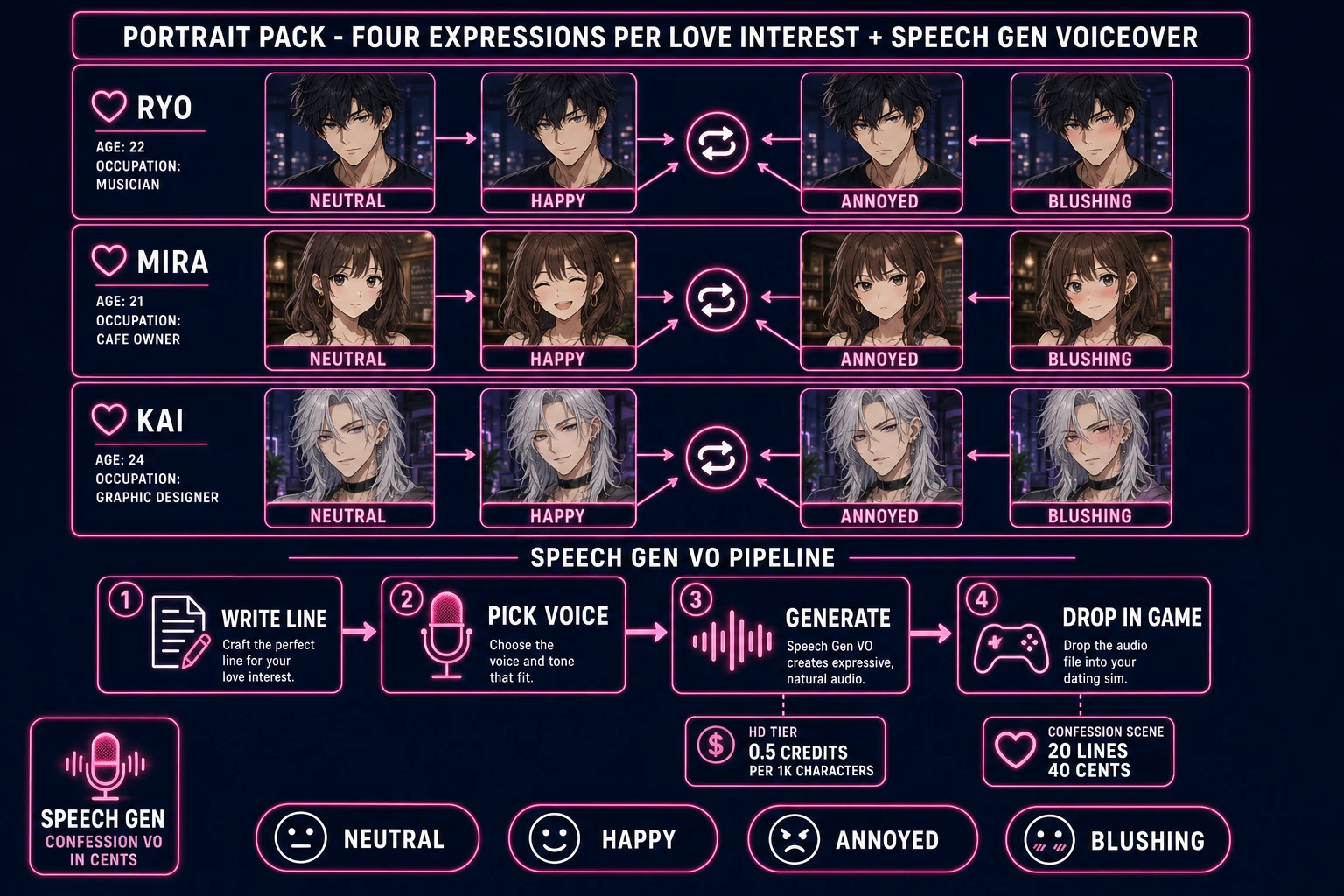 Portrait pack and Speech Gen voice-over pipeline for a browser dating sim: three love interests with four expressions each, plus a four-step Speech Gen workflow for confession-scene VO