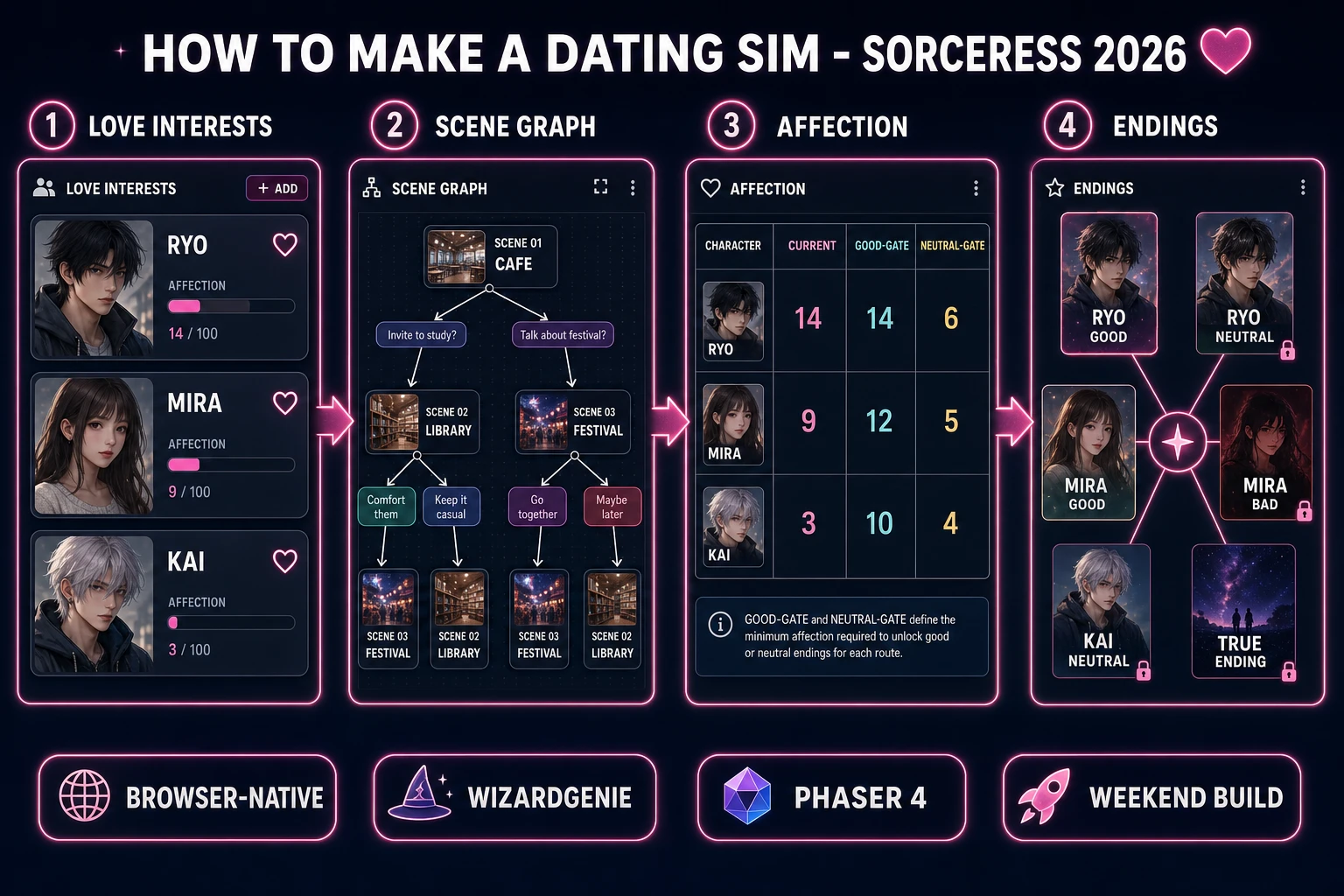 How to make a dating sim browser pipeline: love interests, scene graph, affection variables, and route unlocks with WizardGenie and the Sorceress toolset
