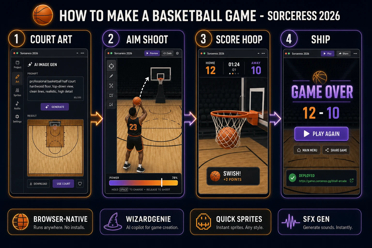 How to make a basketball game browser pipeline: model half-court movement and shot arc physics, wire hoop scoring and shot clock in WizardGenie, and ship a browser court loop