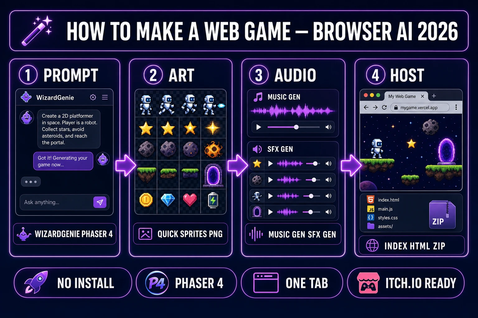 How to make a web game in 2026 — four-step browser AI pipeline from WizardGenie prompt through art and audio to hosted index.html, verified July 5, 2026