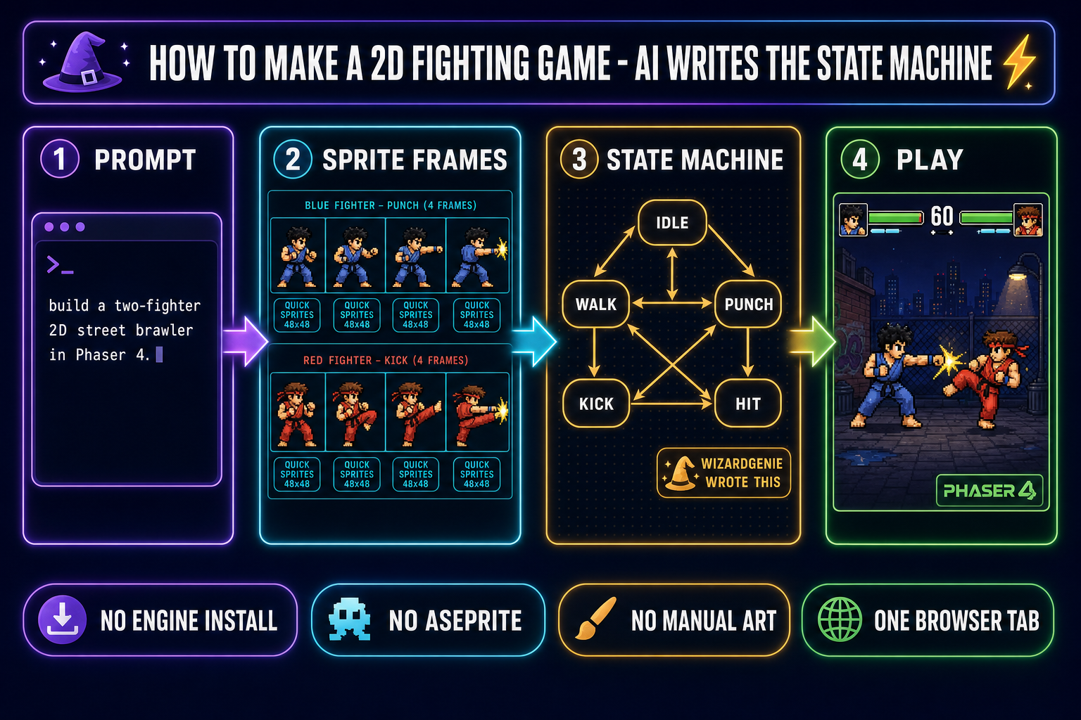 How to make a 2D fighting game with AI pipeline diagram showing prompt to sprite frames to state machine to playable Phaser 4 game, on dark navy background with purple, cyan, amber, and emerald accents