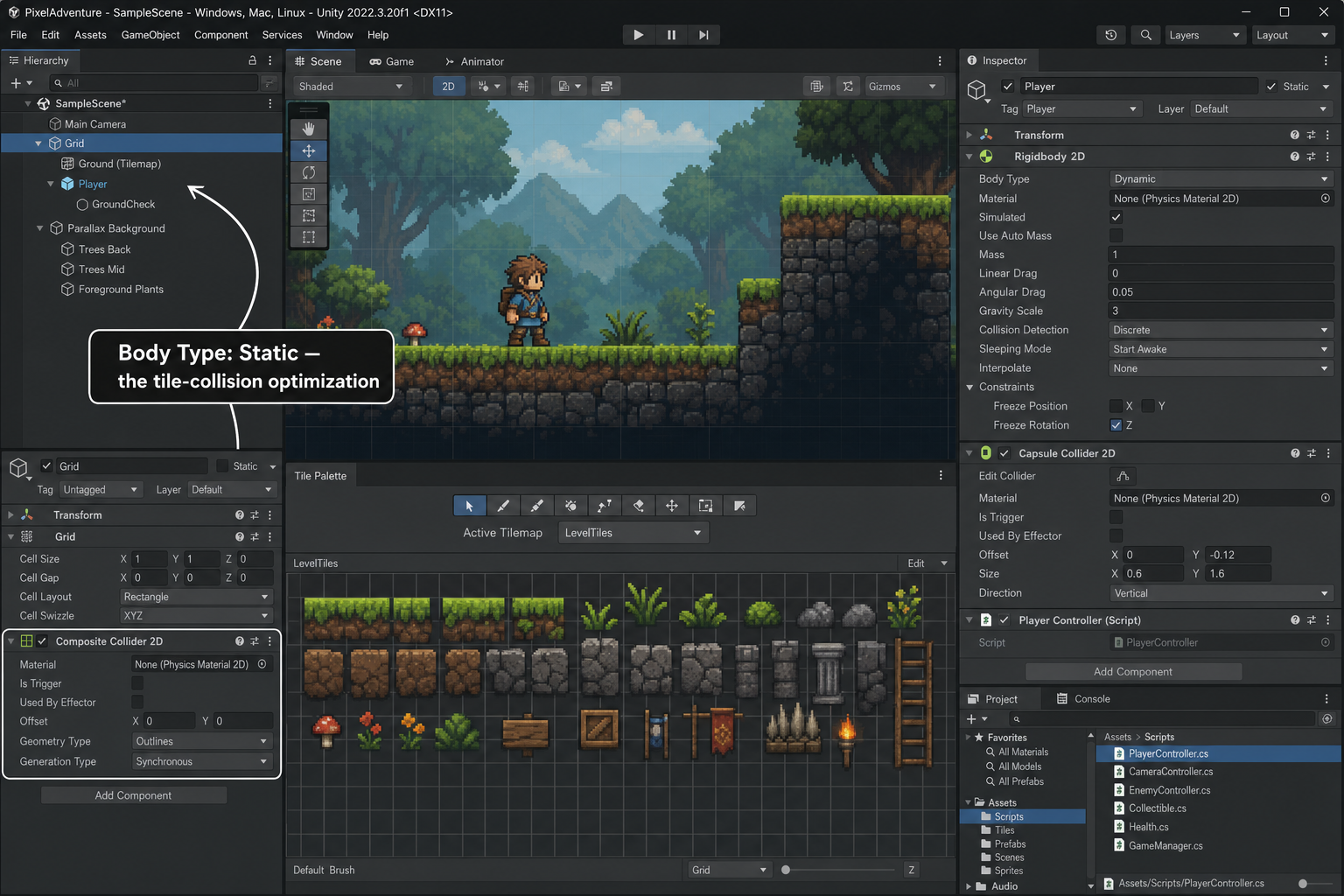 Unity Editor screenshot mockup showing how to import a Quick Sprites sprite sheet, configure Rigidbody 2D and Composite Collider 2D, and paint a Tilemap with AI Image Gen tiles for how to make a 2D game in Unity