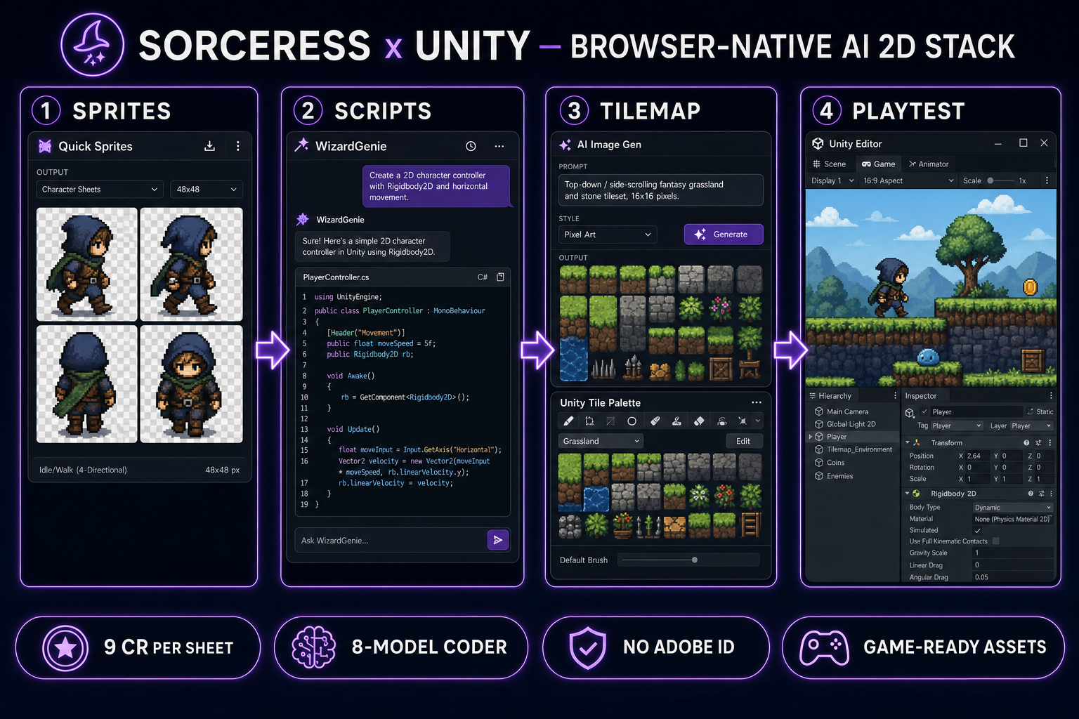 Four-panel browser pipeline diagram for how to make a 2D game in Unity &mdash; sprites, scripts, tilemap, playtest &mdash; using Sorceress Quick Sprites, WizardGenie, AI Image Gen, and Sorceress Code