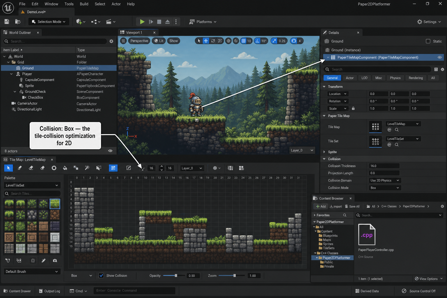 Unreal Editor screenshot mockup showing how to import a Quick Sprites sprite sheet, configure UPaperFlipbookComponent and UCapsuleComponent, and paint a Paper 2D Tile Map with AI Image Gen tiles for how to make a 2D game in Unreal Engine