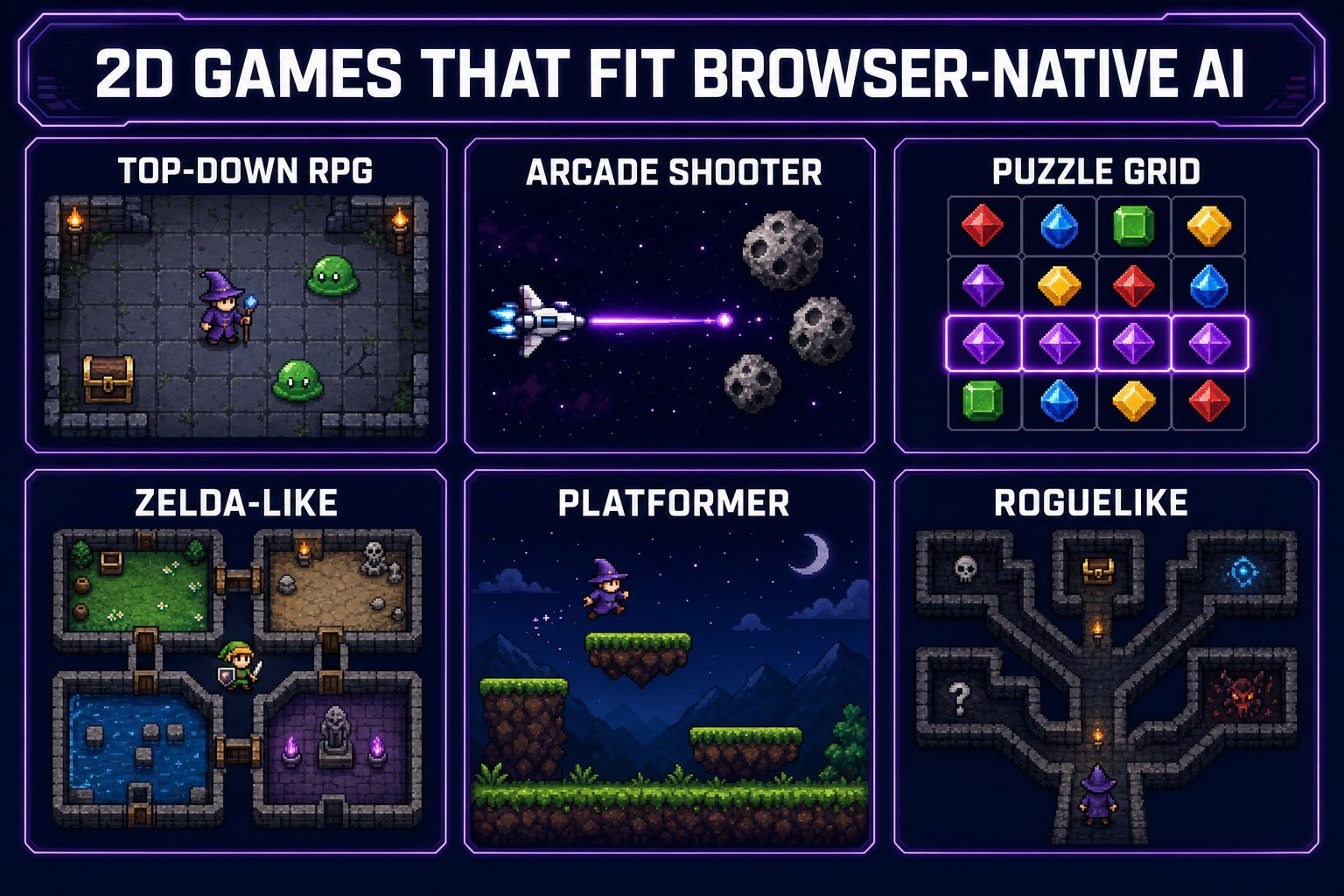 Six-card grid showing 2D game genres that fit browser-native AI: top-down RPG, arcade shooter, puzzle grid, Zelda-like, platformer, roguelike