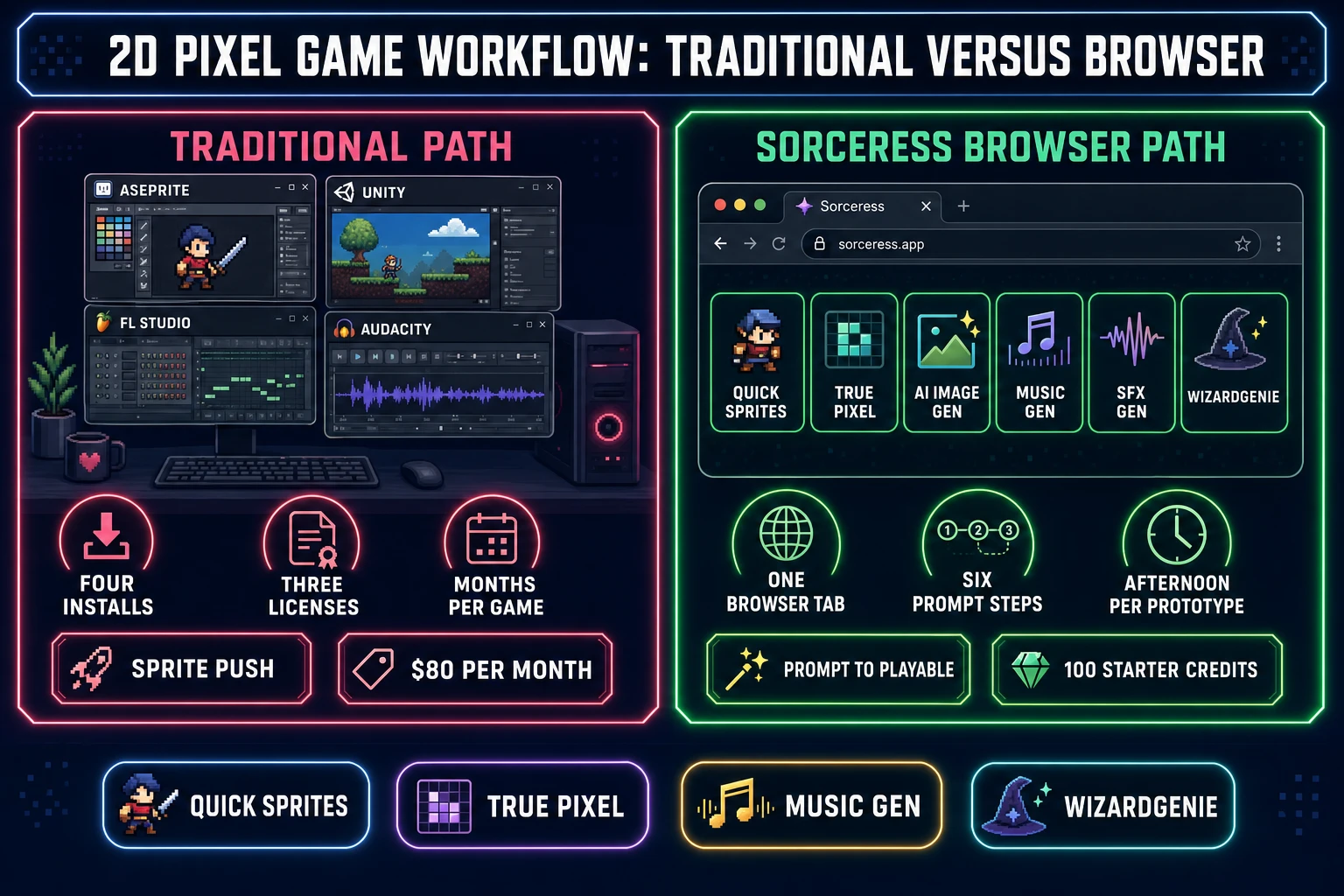 Side-by-side comparison of the traditional pixel game workflow (Aseprite plus Unity plus FL Studio plus Audacity) versus the Sorceress browser stack (Quick Sprites plus True Pixel plus Music Gen plus SFX Gen plus WizardGenie)
