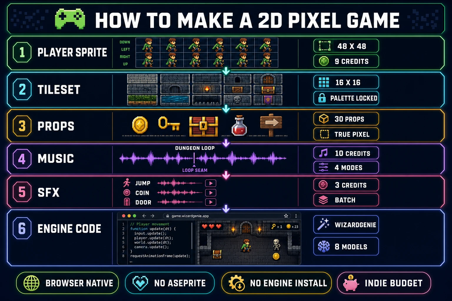 Six-step diagram for how to make a 2D pixel game with AI &mdash; player sprite, props, tileset, music, SFX, and engine code, all wired in the browser through Sorceress