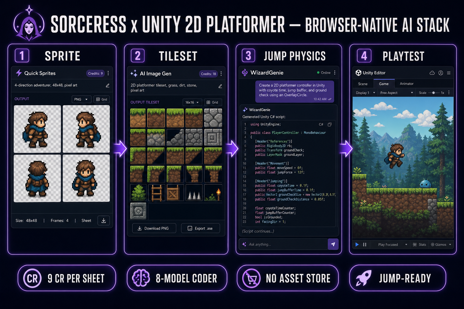 Four-panel browser pipeline diagram for how to make a 2D platformer in Unity &mdash; sprite, tileset, jump physics, playtest &mdash; using Sorceress Quick Sprites, AI Image Gen, WizardGenie, and Sorceress Code with no Unity Asset Store