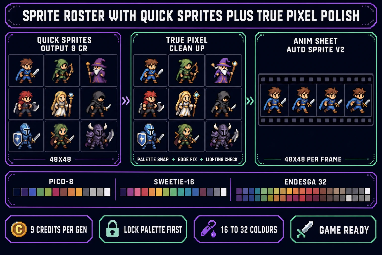 Pixel art sprite roster with Quick Sprites generation and True Pixel palette cleanup