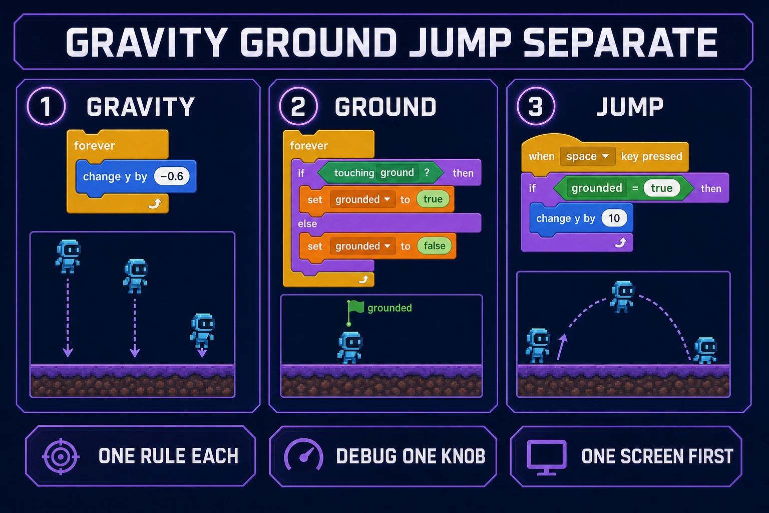 Separate Scratch gravity, ground, and jump scripts for a platformer feel contract
