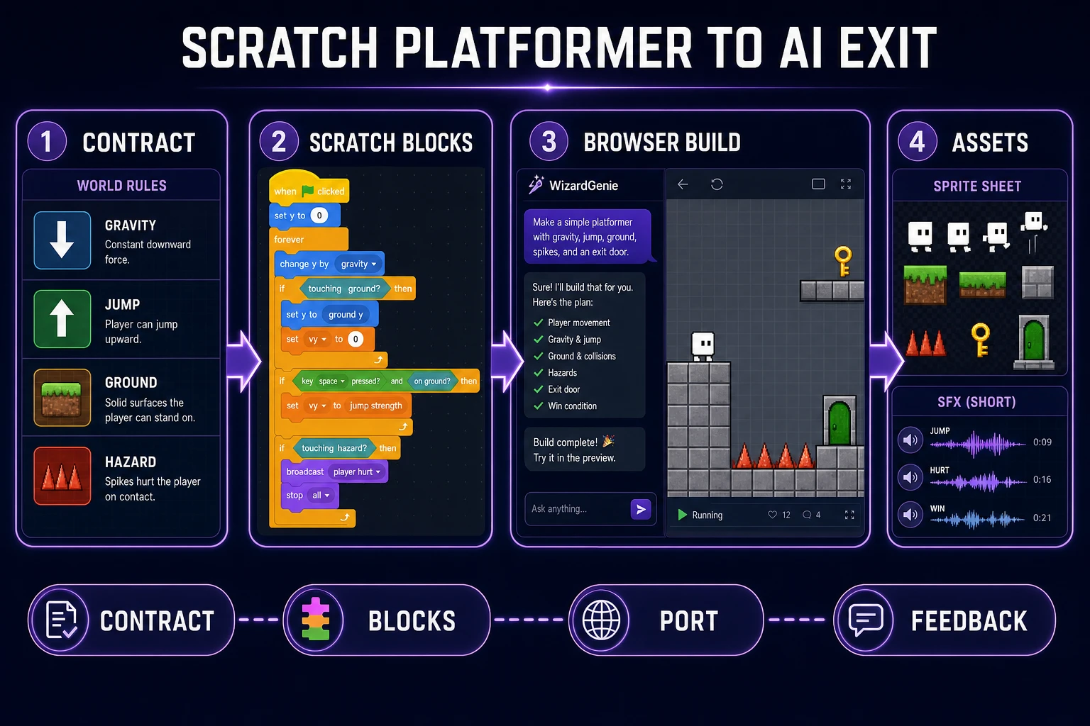 How to make a platformer game in Scratch workflow from feel contract to WizardGenie browser exit